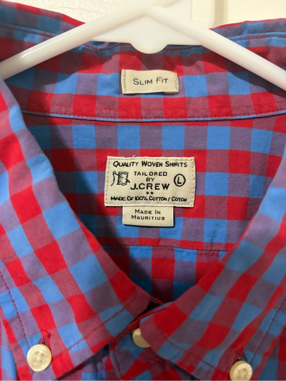 J. Crew Slim Fit Red Blue Gingham  Plaid Button Down Shirt Men’s Quality Woven L